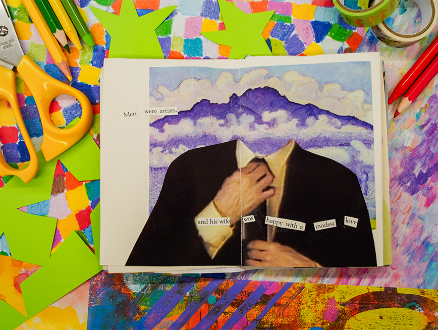 Collage of a suited man with his face replaced by clouds. Scissors and other paper in background.